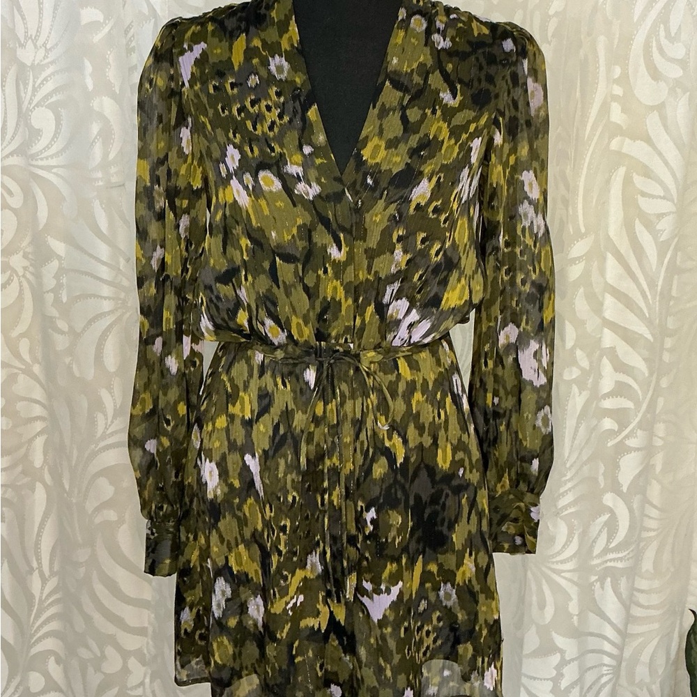 NWT-Zara Mini Dress Long Sleeve Green and White Gold embellishments